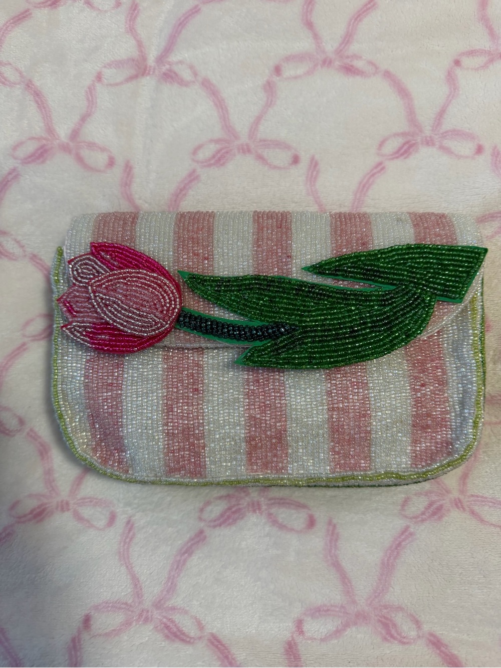 Beaded Pink Stripe Tulip Clutch - Women Bags